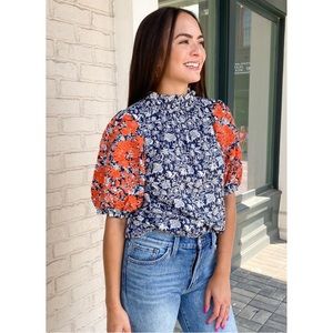 THML Navy Printed Smocked High Neck Embroidered Puff Sleeve Top